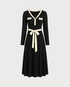 Knitted Midi Dress with Contrast V Neck and Tie Waist - Black
