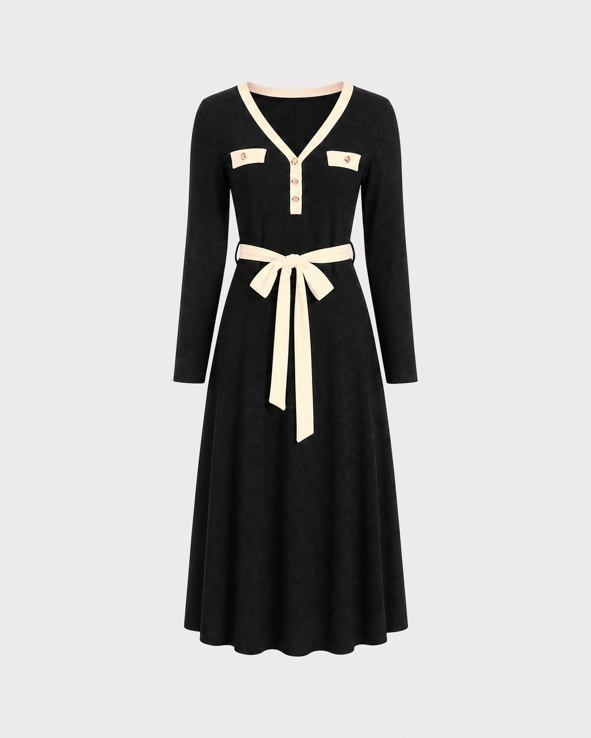 Knitted Midi Dress with Contrast V Neck and Tie Waist - Black