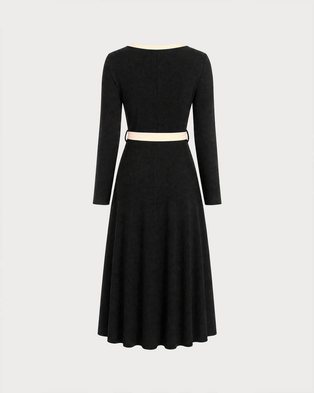 Knitted Midi Dress with Contrast V Neck and Tie Waist - Black