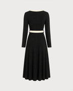 Knitted Midi Dress with Contrast V Neck and Tie Waist - Black