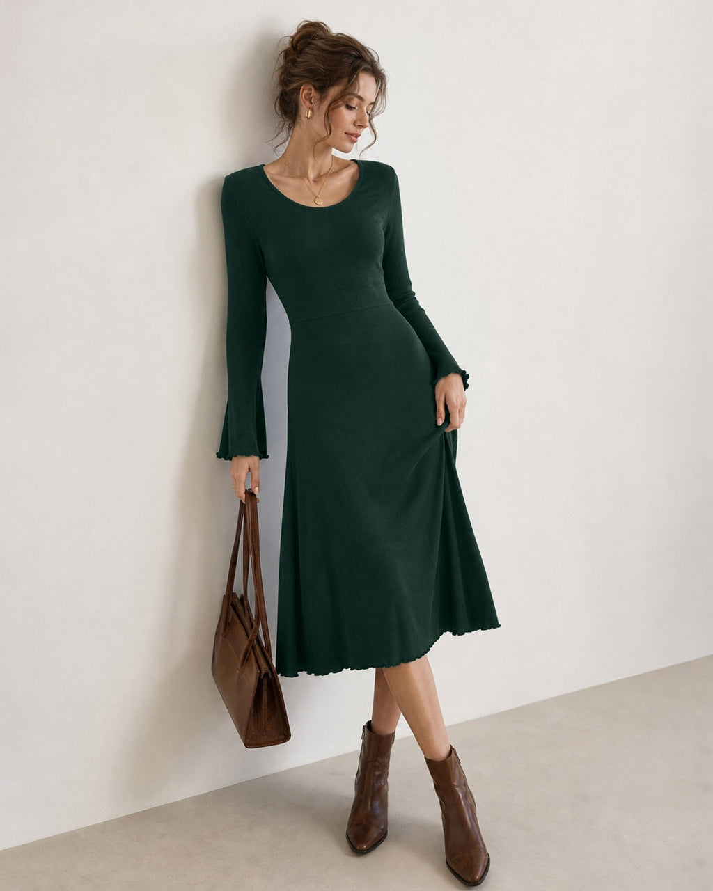 Knitted Midi Dress with Round Neck and Flared Cuffs - Green