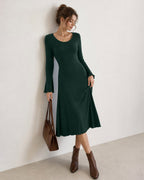 Knitted Midi Dress with Round Neck and Flared Cuffs - Green