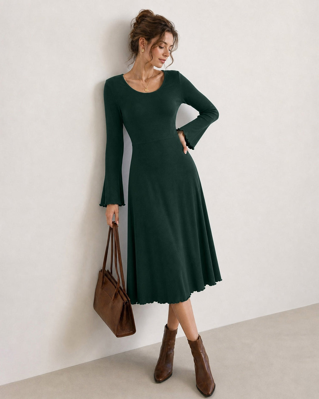 Knitted Midi Dress with Round Neck and Flared Cuffs - Green