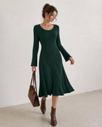 Knitted Midi Dress with Round Neck and Flared Cuffs - Green