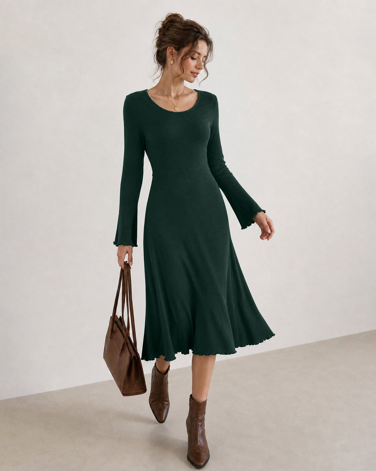 Knitted Midi Dress with Round Neck and Flared Cuffs - Green