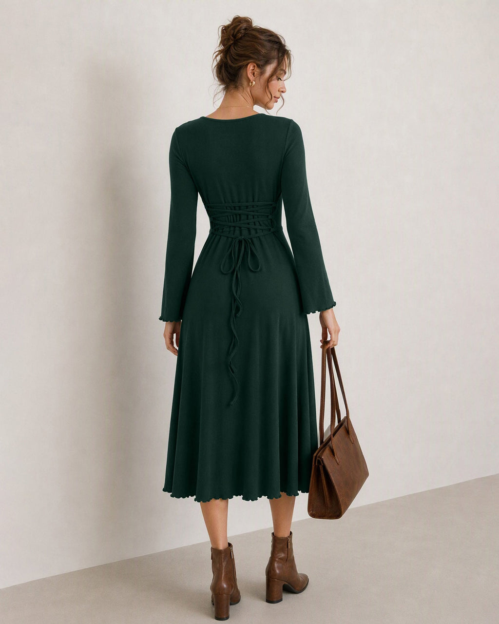 Knitted Midi Dress with Round Neck and Flared Cuffs - Green