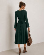 Knitted Midi Dress with Round Neck and Flared Cuffs - Green
