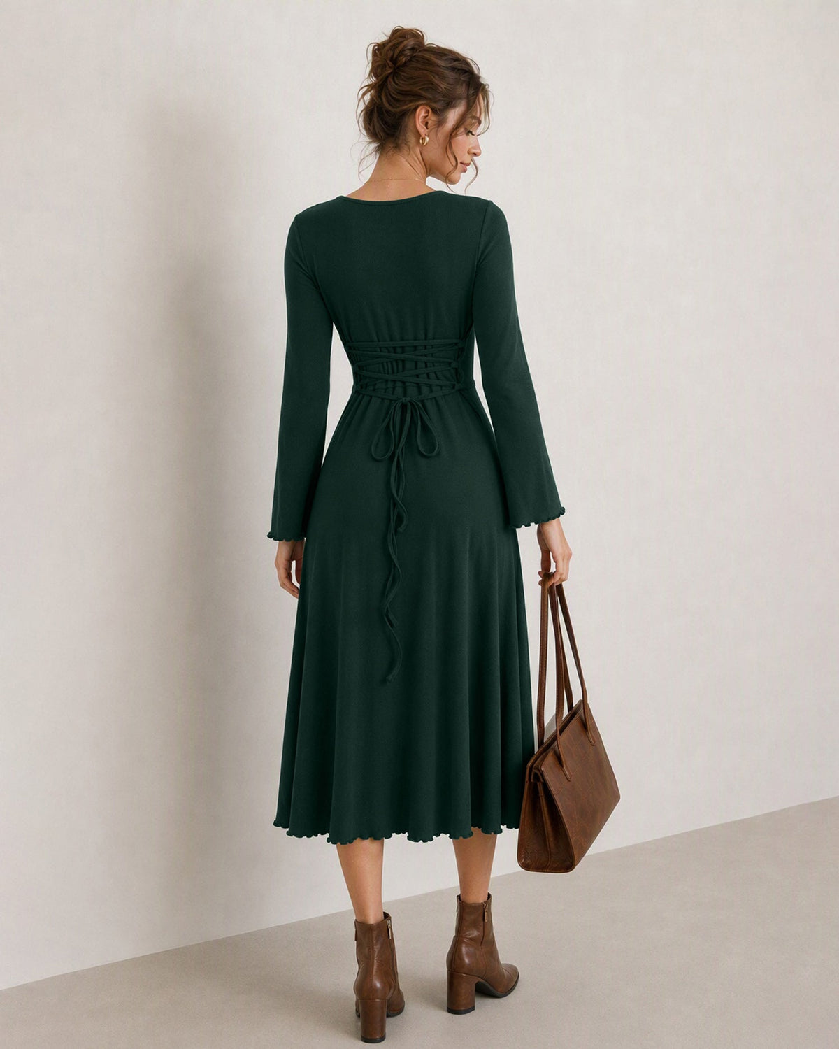Knitted Midi Dress with Round Neck and Flared Cuffs - Green