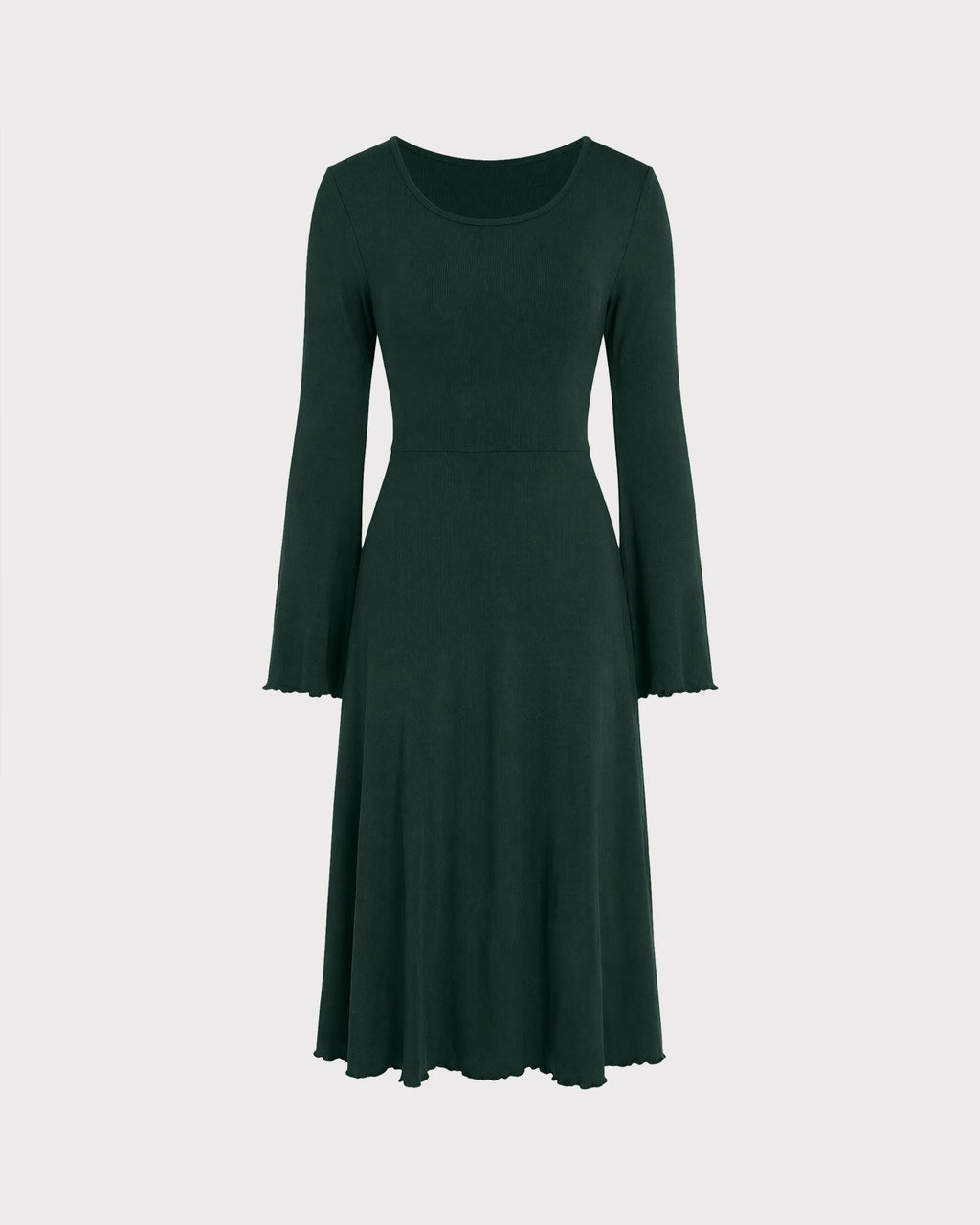 Knitted Midi Dress with Round Neck and Flared Cuffs - Green