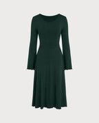 Knitted Midi Dress with Round Neck and Flared Cuffs - Green