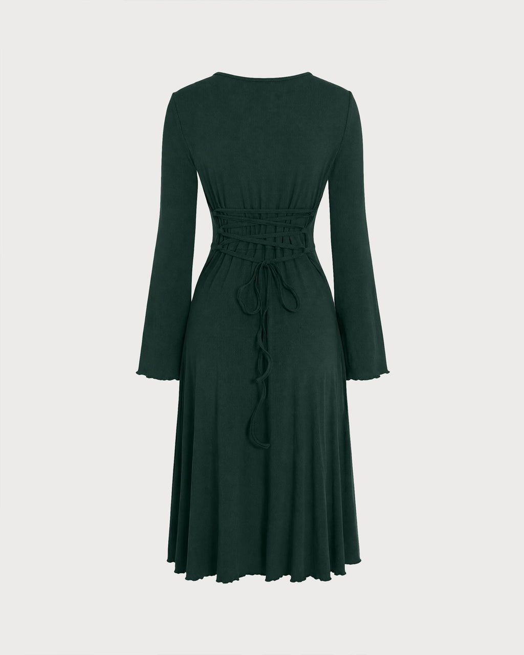 Knitted Midi Dress with Round Neck and Flared Cuffs - Green
