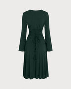 Knitted Midi Dress with Round Neck and Flared Cuffs - Green