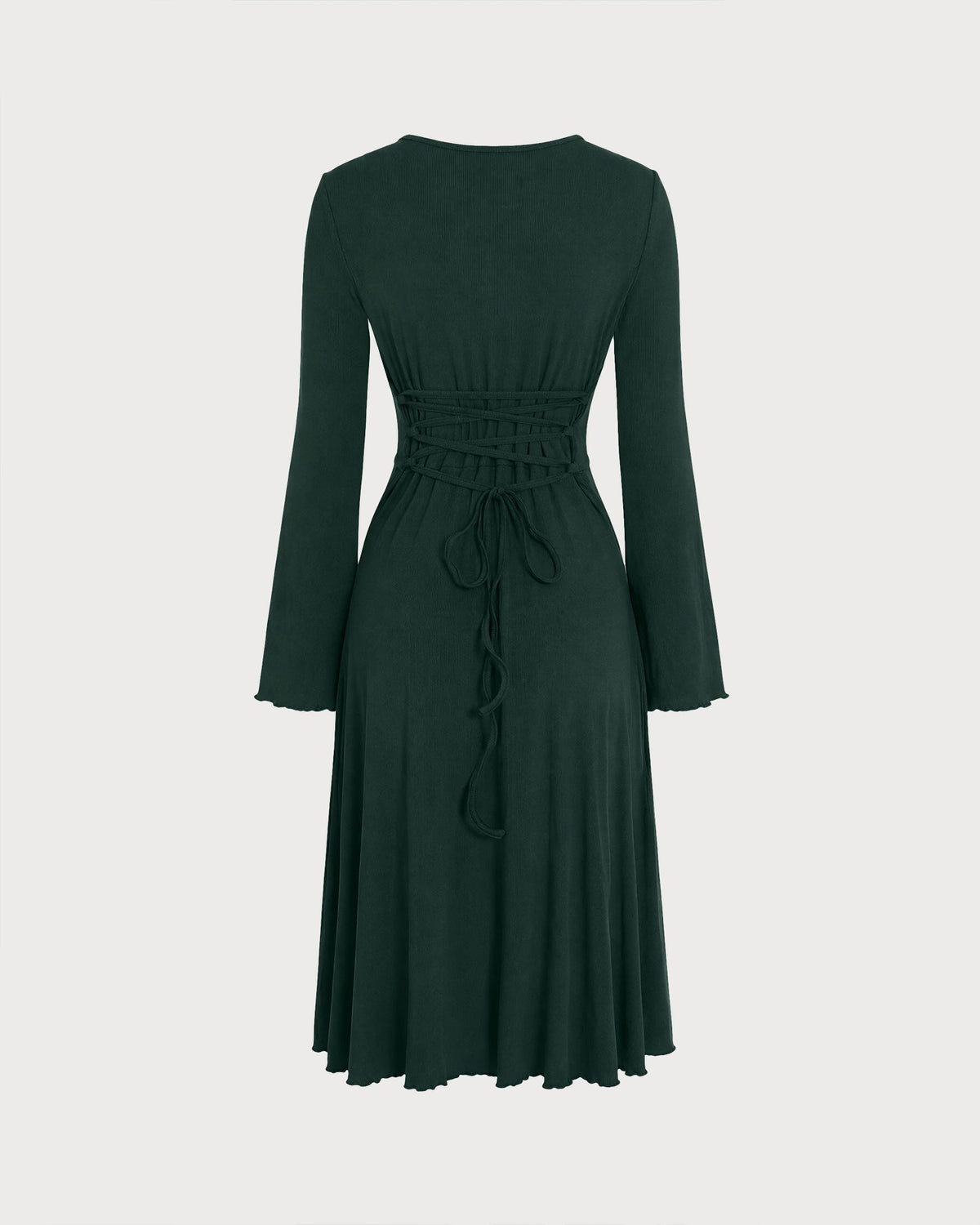 Knitted Midi Dress with Round Neck and Flared Cuffs - Green