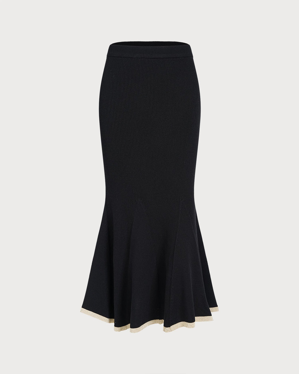 Knitted Midi Skirt with Contrast Trim and Fluted Hem - Black