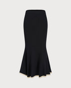 Knitted Midi Skirt with Contrast Trim and Fluted Hem - Black