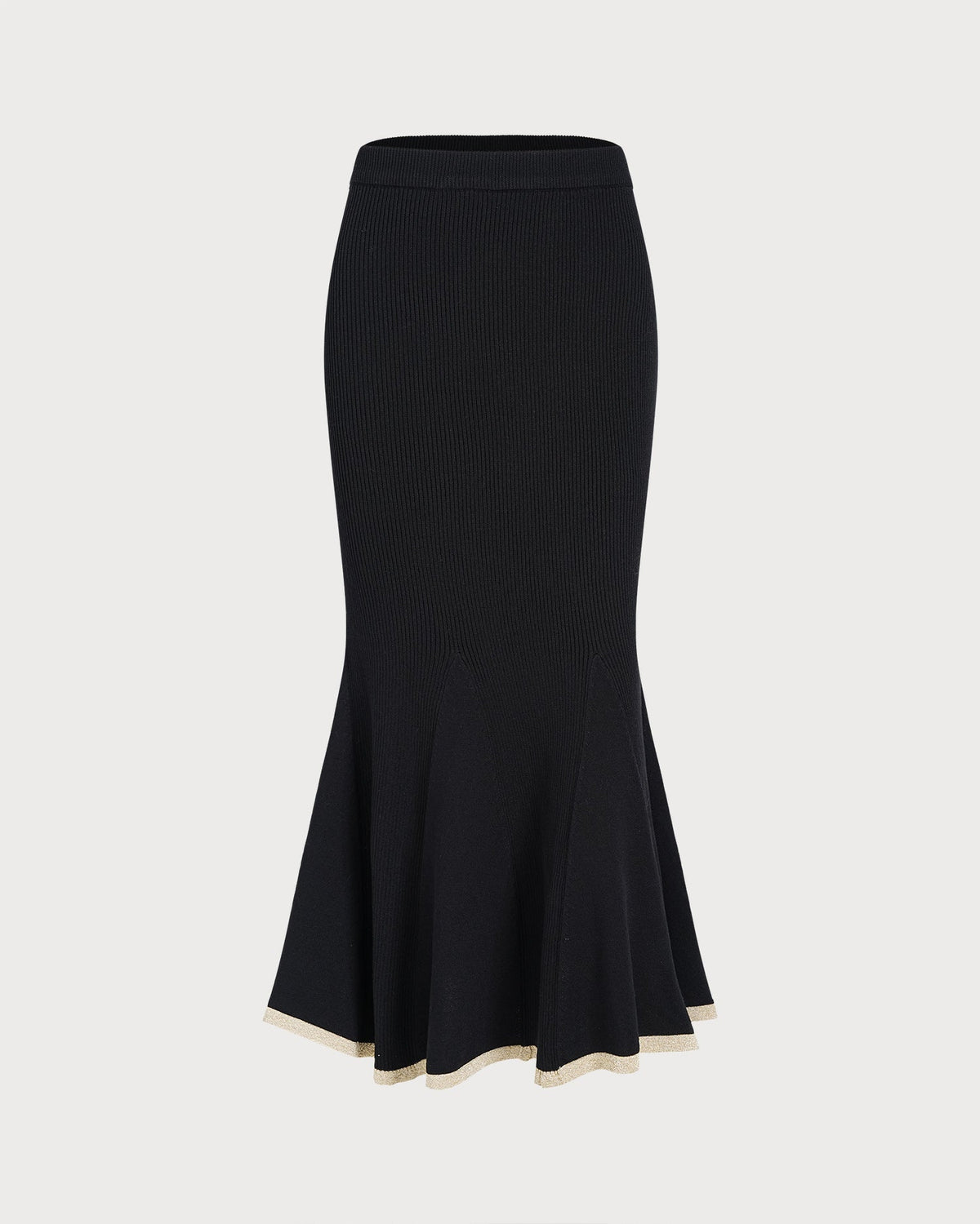 Knitted Midi Skirt with Contrast Trim and Fluted Hem - Black