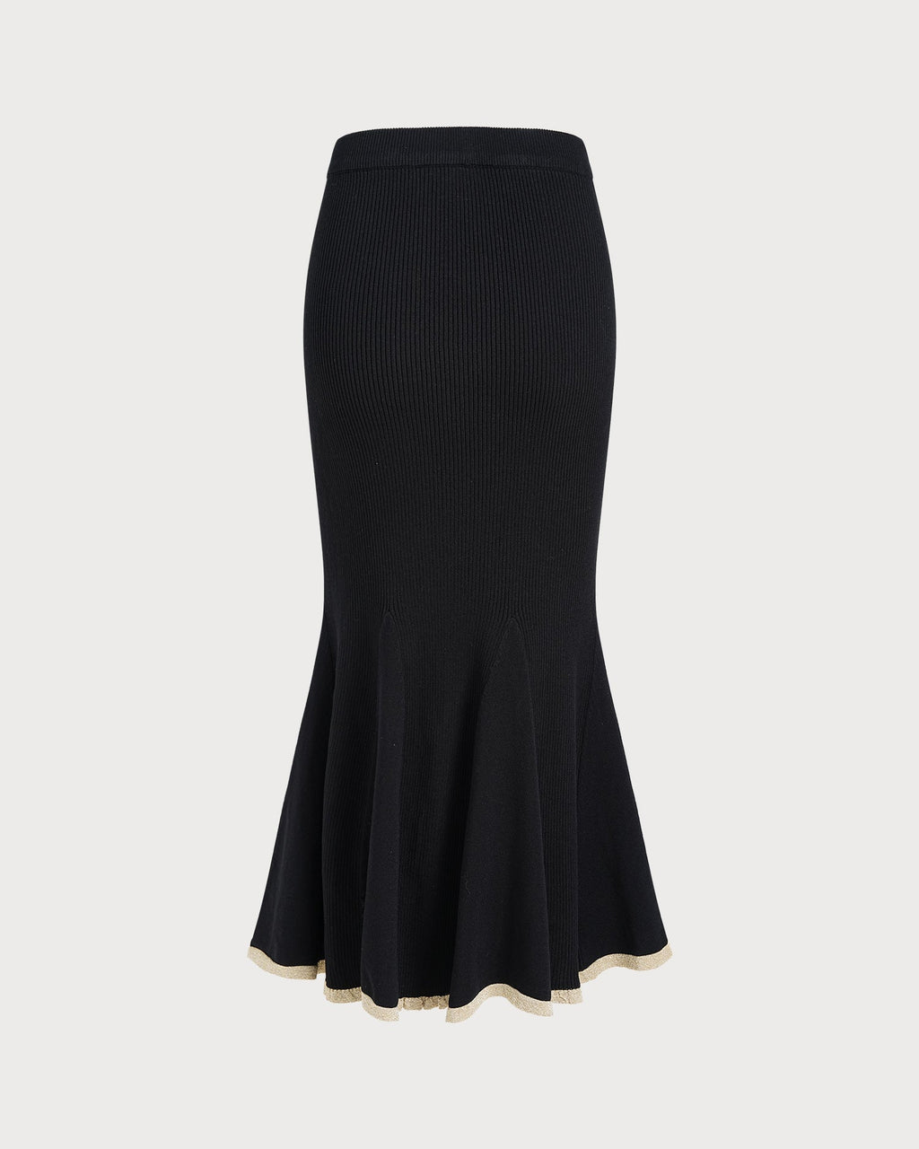 Knitted Midi Skirt with Contrast Trim and Fluted Hem - Black