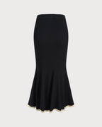 Knitted Midi Skirt with Contrast Trim and Fluted Hem - Black