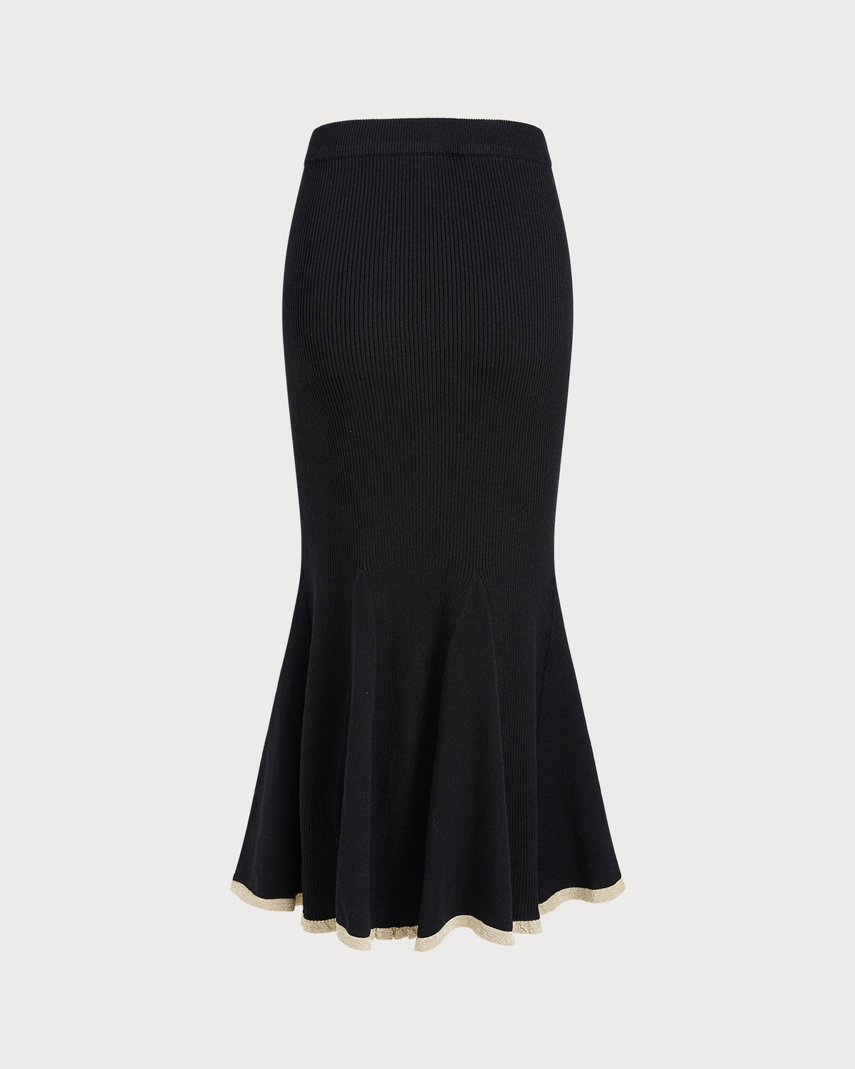 Knitted Midi Skirt with Contrast Trim and Fluted Hem - Black