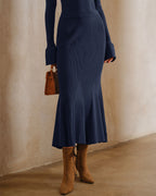 Knitted Midi Skirt with Flared Hem and Plain Waistband - Navy