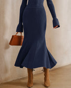 Knitted Midi Skirt with Flared Hem and Plain Waistband - Navy