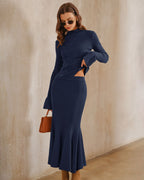 Knitted Midi Skirt with Flared Hem and Plain Waistband - Navy
