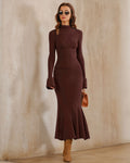 Knitted Midi Skirt with Fluted Hem and Wide Waistband - Coffee