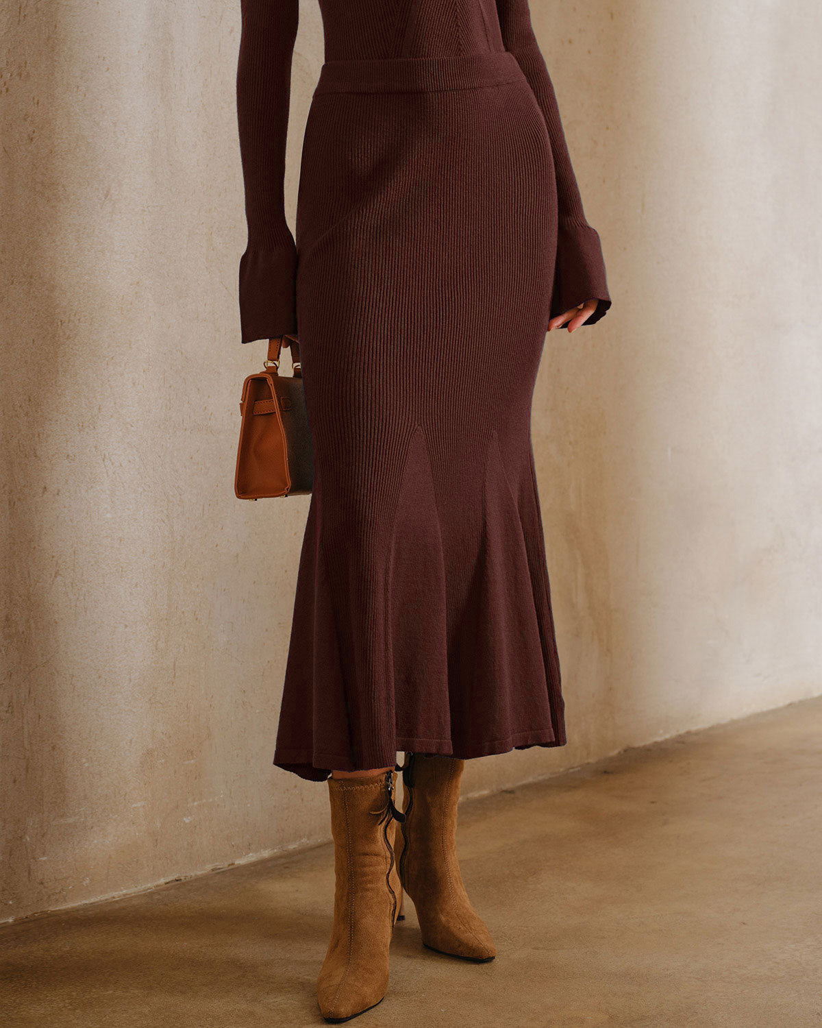 Knitted Midi Skirt with Fluted Hem and Wide Waistband - Coffee