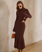 Knitted Midi Skirt with Fluted Hem and Wide Waistband - Coffee
