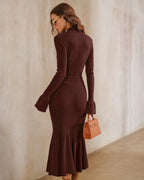 Knitted Midi Skirt with Fluted Hem and Wide Waistband - Coffee