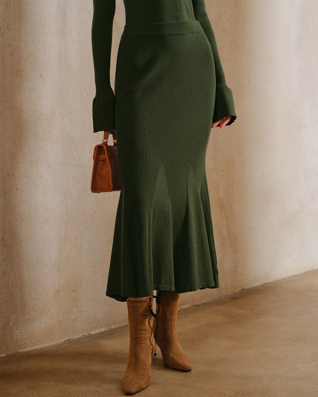 Knitted Midi Skirt with Fluted Hem in a Deep Olive Tone - Green