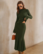 Knitted Midi Skirt with Fluted Hem in a Deep Olive Tone - Green