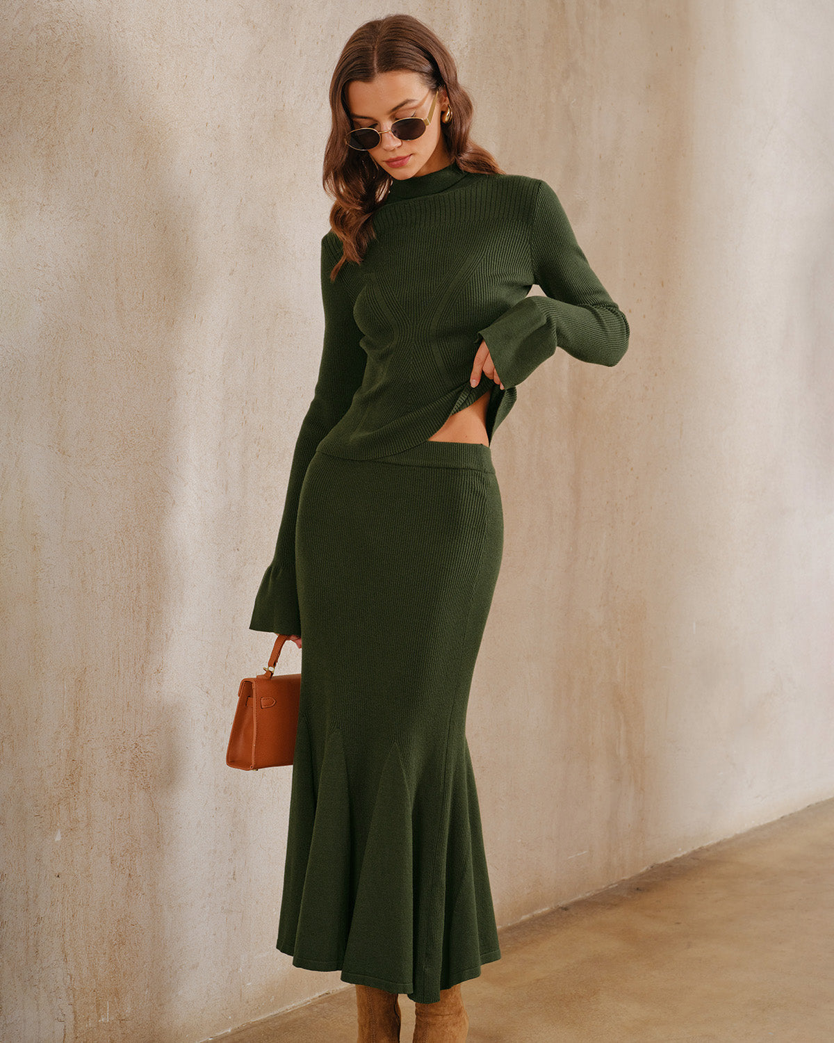 Knitted Midi Skirt with Fluted Hem in a Deep Olive Tone - Green