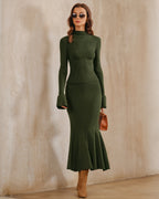 Knitted Midi Skirt with Fluted Hem in a Deep Olive Tone - Green