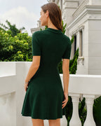 Knitted Polo Dress with Short Sleeves and Flared Skirt - Green