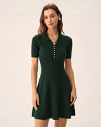 Knitted Polo Dress with Short Sleeves and Flared Skirt - Green