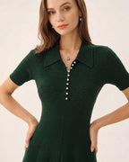 Knitted Polo Dress with Short Sleeves and Flared Skirt - Green