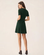 Knitted Polo Dress with Short Sleeves and Flared Skirt - Green