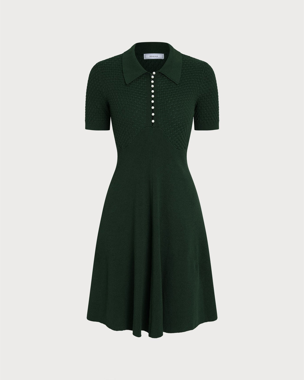 Knitted Polo Dress with Short Sleeves and Flared Skirt - Green