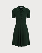 Knitted Polo Dress with Short Sleeves and Flared Skirt - Green