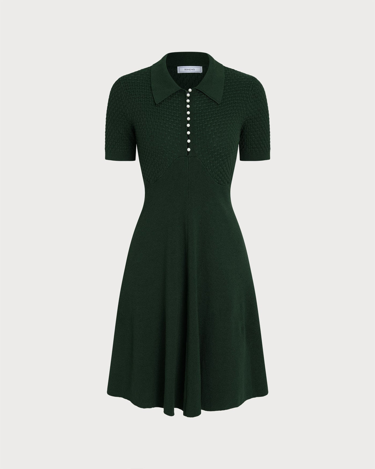 Knitted Polo Dress with Short Sleeves and Flared Skirt - Green
