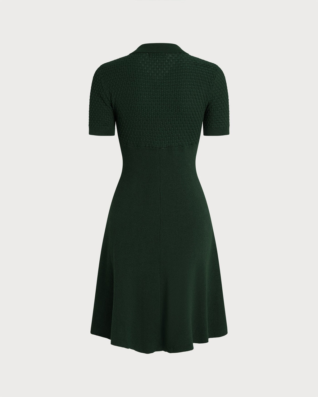 Knitted Polo Dress with Short Sleeves and Flared Skirt - Green