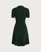 Knitted Polo Dress with Short Sleeves and Flared Skirt - Green