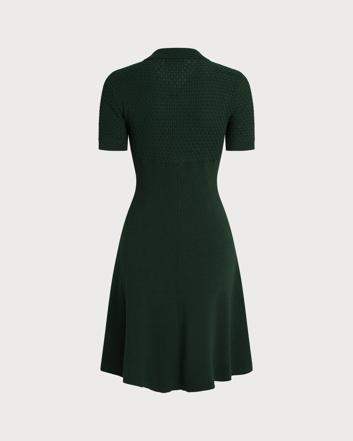 Knitted Polo Dress with Short Sleeves and Flared Skirt - Green