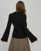Knitted Top with Shawl Collar and Wide Bell Sleeves - Black