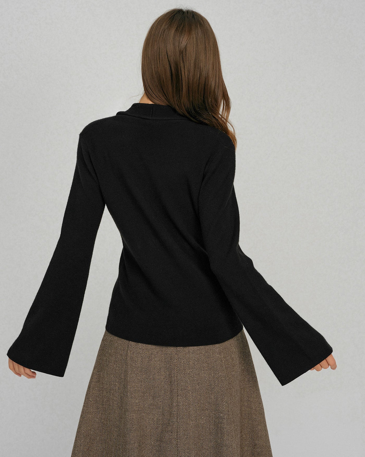Knitted Top with Shawl Collar and Wide Bell Sleeves - Black