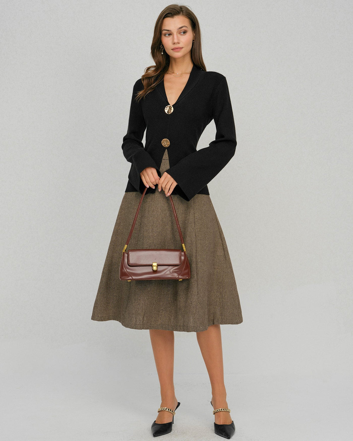 Knitted Top with Shawl Collar and Wide Bell Sleeves - Black
