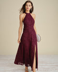 Lace Maxi Dress with Halter Neck and High Side Slit - Wine Red