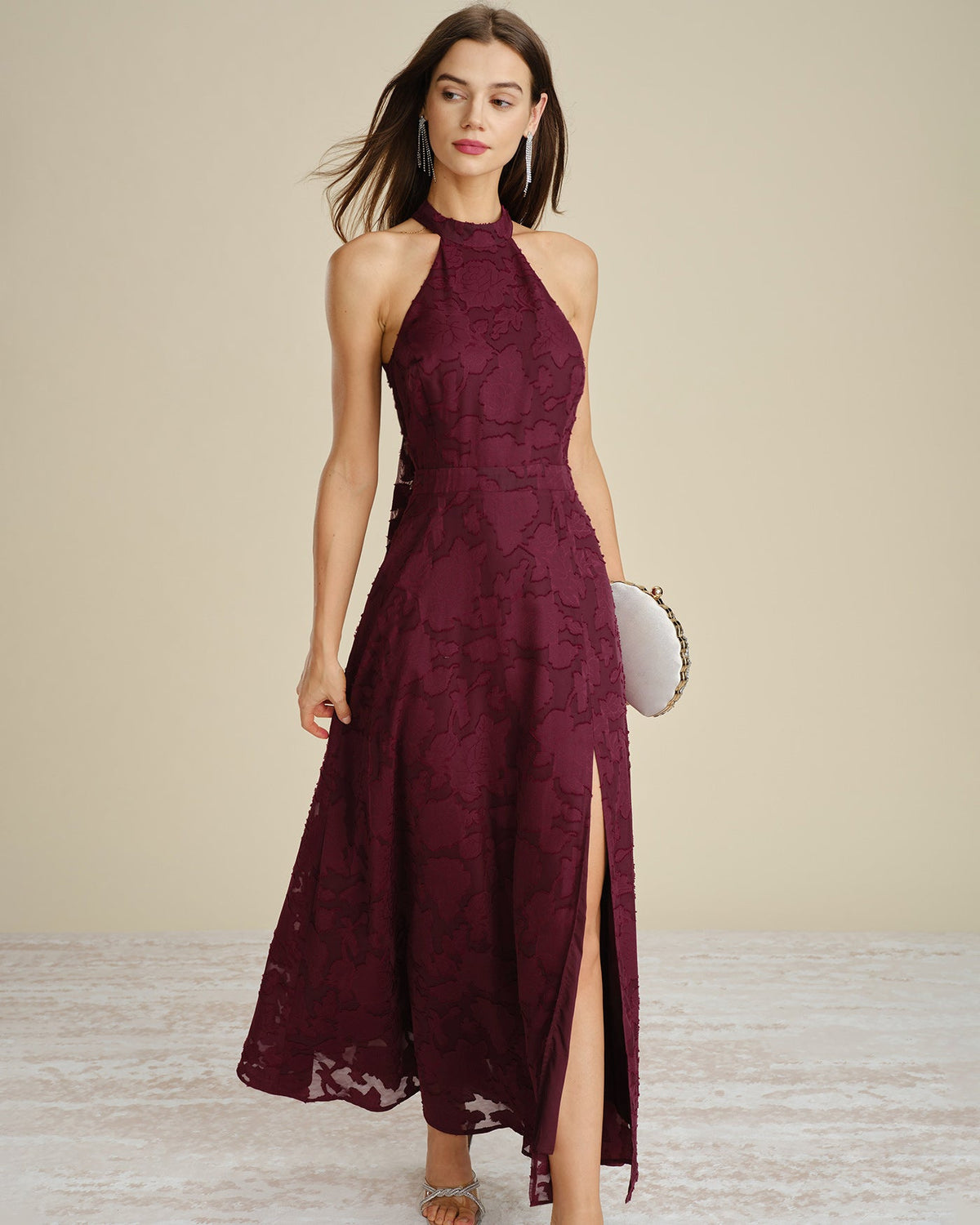 Lace Maxi Dress with Halter Neck and High Side Slit - Wine Red