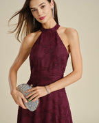 Lace Maxi Dress with Halter Neck and High Side Slit - Wine Red